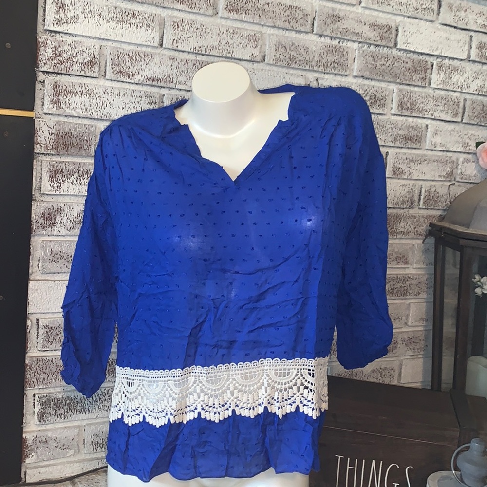Navy and white lace textured blouse